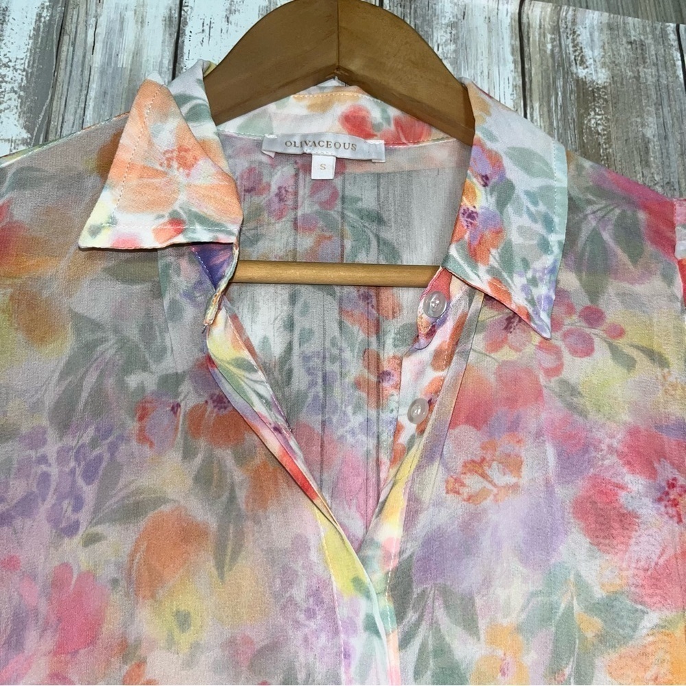 Olivaceous Sheer Lush Blooms Chiffon Button Up Fairy Whimsy Coquette Regencycore - Picture 8 of 9